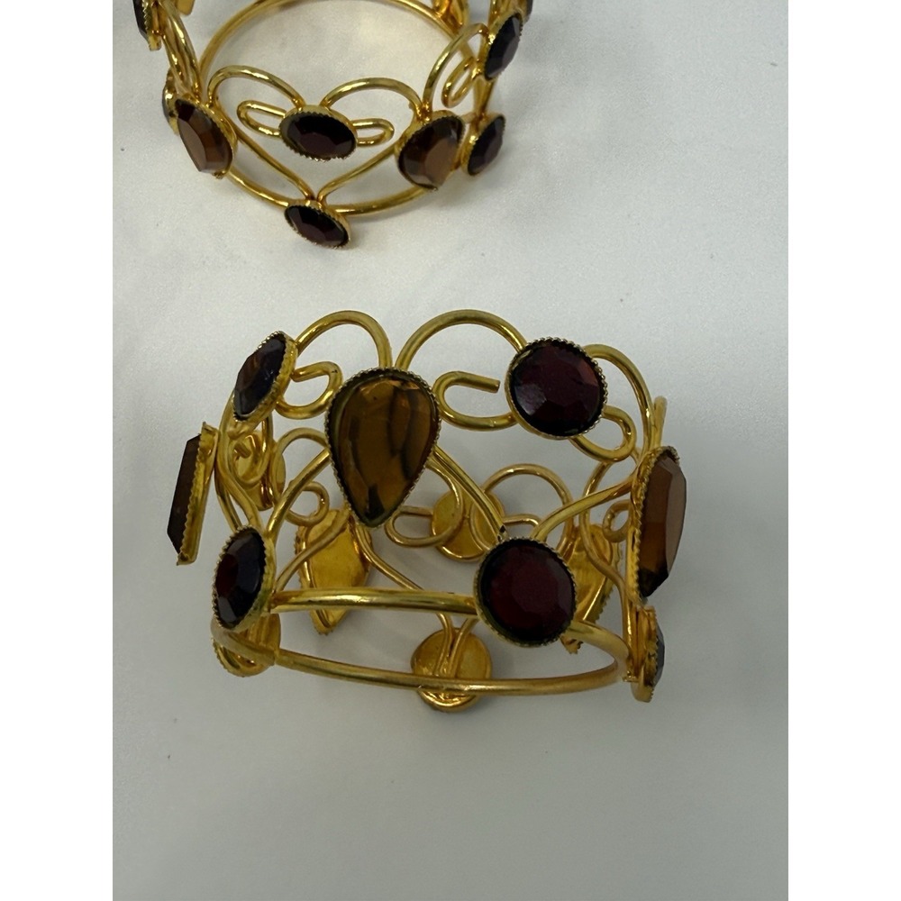 4 Pier One Imports Jeweled Napkin Rings Red & Amber Set In Gold Tone Metal - Picture 2 of 5